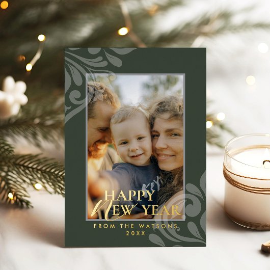 2026 Modern Minimalist Damask Typography Green Folie Feestdagenkaart