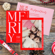 2026 Moderne Kerst Merry and Bright Rood Roze