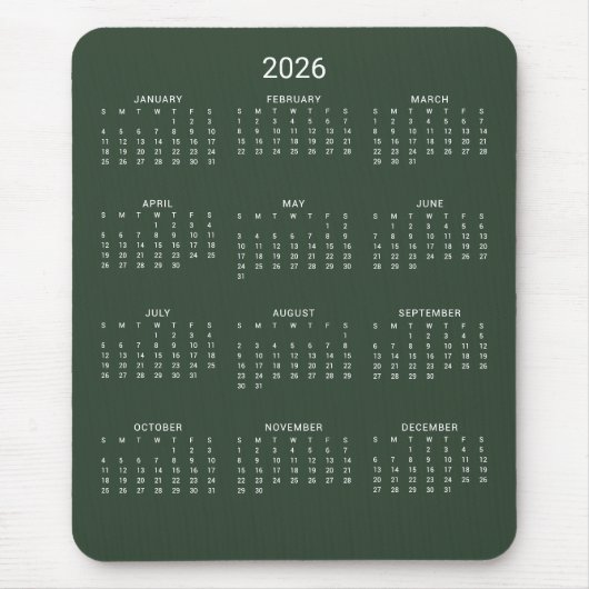 2026 Moderne Minimalistische Groene Boskalender Muismat (Voorkant)