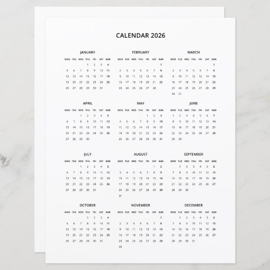 2026 Moderne minimalistische printbare kalender in (Voorkant / Achterkant)