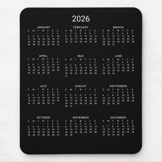 2026 Moderne Minimalistische Zwarte Kalender Muismat (Voorkant)