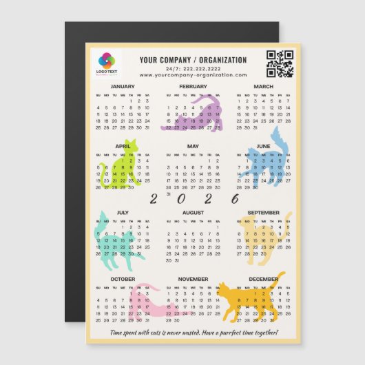 2026 Monthly Calendar Pastel Playful Cat Magnet (Voorkant / Achterkant)