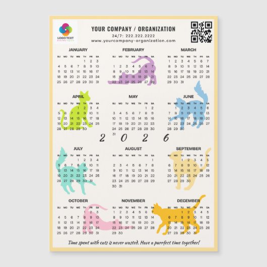 2026 Monthly Calendar Pastel Playful Cat Magnet (Voorkant)
