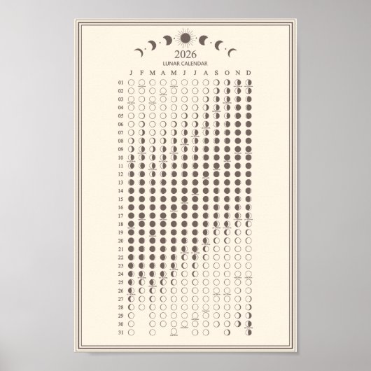 2026 Moon Phase Lunar Cycles Calendar Minimalist Poster (Voorkant)