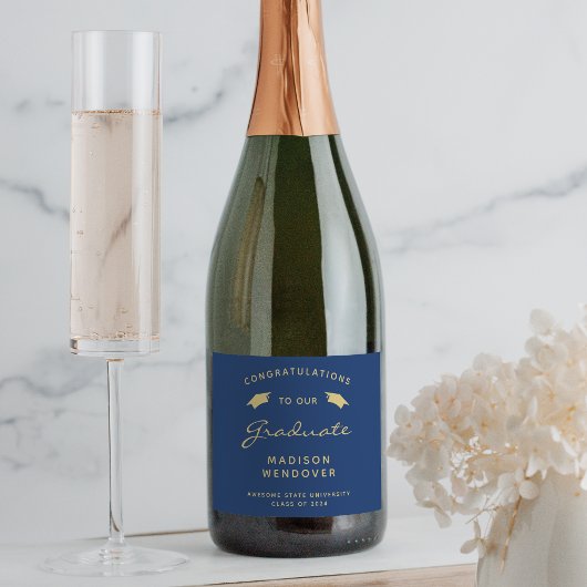2026 Navy Blauwe Gouden Script Hoed Afstuderen Sparkling Wijnetiket
