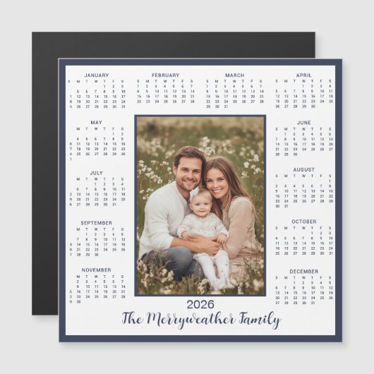 2026 Navy Blue Photo Magnetic Calendar (Voorkant / Achterkant)