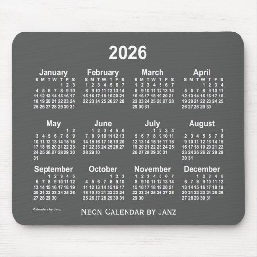 2026 Neon Charcoal Calendar van Janz Muismat (Voorkant)