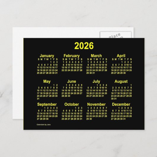 2026 Neon Gele Mini-Kalender van Janz Briefkaart (Voorkant / Achterkant)