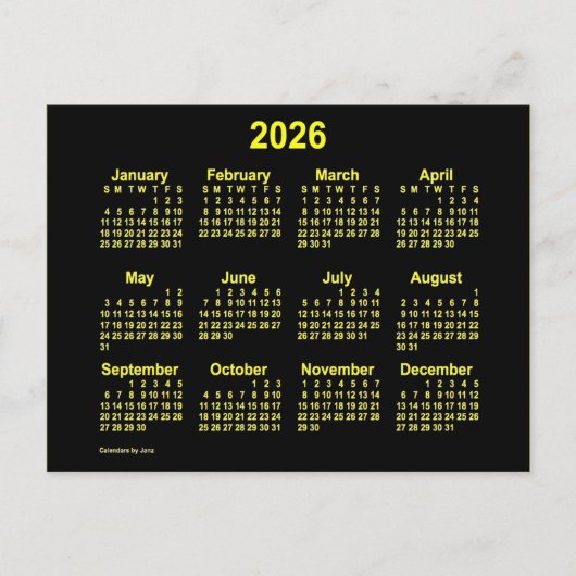 2026 Neon Gele Mini-Kalender van Janz Briefkaart (Voorkant)