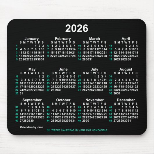 2026 Neon White 52 weken ISO-kalender door Janz Muismat (Voorkant)