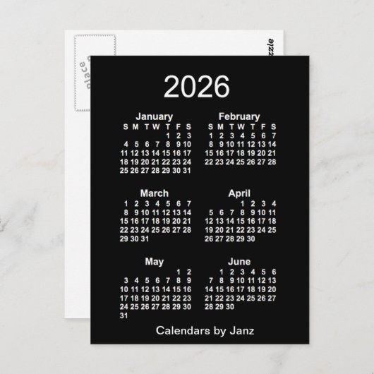 2026 Neon White 6 maanden Mini Calendar van Janz Briefkaart (Voorkant / Achterkant)