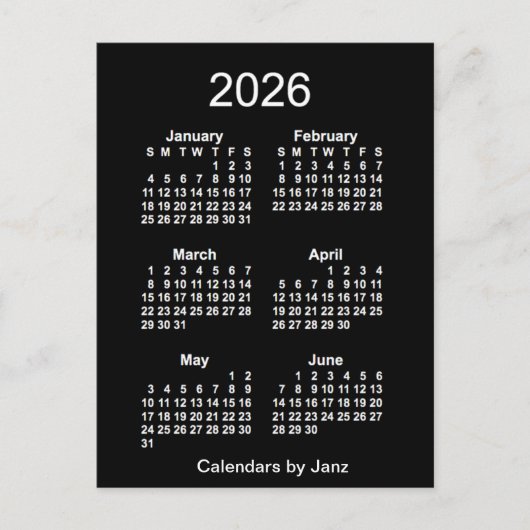 2026 Neon White 6 maanden Mini Calendar van Janz Briefkaart (Voorkant)