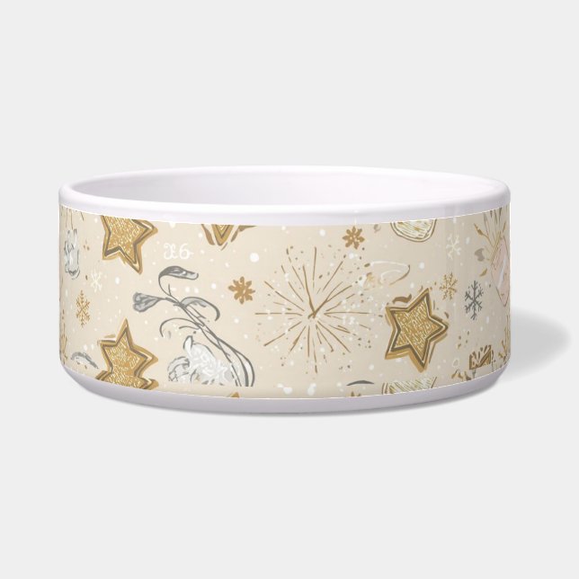 2026 New Year Cat Bowl – Gold Stars & Paw Prints Voerbakje (Voorkant)