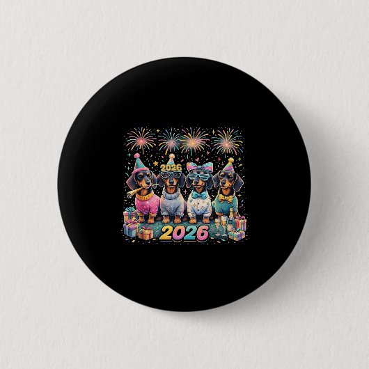 2026 New Year Dachshund Party Fireworks Fun  Ronde Button 5,7 Cm (Voorkant)