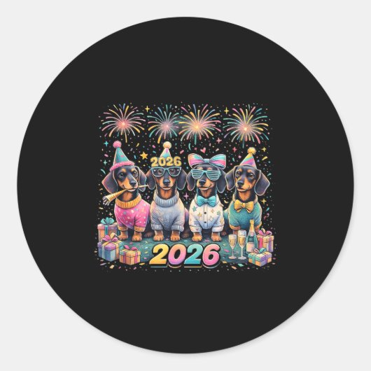 2026 New Year Dachshund Party Fireworks Fun Ronde Sticker (Voorkant)