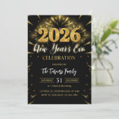 2026 New Year's Eve Party Black & Gold Glitter Kaart (Staand voorkant)