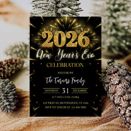 2026 New Year's Eve Party Black & Gold Glitter Kaart