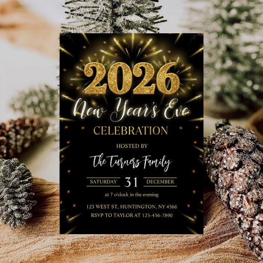 2026 New Year's Eve Party Black & Gold Glitter Kaart