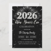 2026 New Year's Eve Party Black & Silver Glitter Kaart (Voorkant)