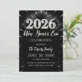 2026 New Year's Eve Party Black & Silver Glitter Kaart (Staand voorkant)