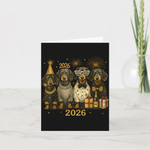 2026 Nieuwjaar Dachshund Goud Vintage Feest Kunst  Kaart