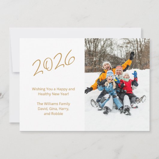 2026 Nieuwjaar Familiefoto Gouden Typografie Feestdagenkaart (Voorkant)