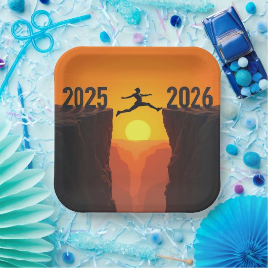 2026 Nieuwjaar Silhouette Leaping a Cliff Papieren Bordje (Feest)
