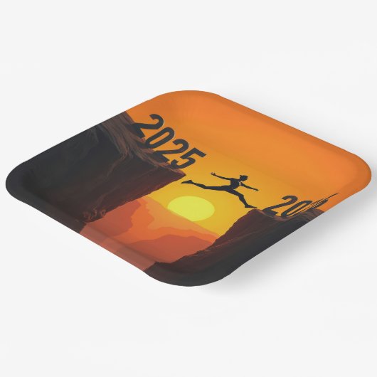 2026 Nieuwjaar Silhouette Leaping a Cliff Papieren Bordje (Gebogen)