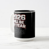 2026 No Excuses Tweekleurige Koffiemok (Voorkant links)