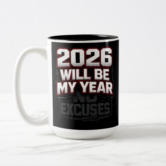 2026 No Excuses Tweekleurige Koffiemok (Links)