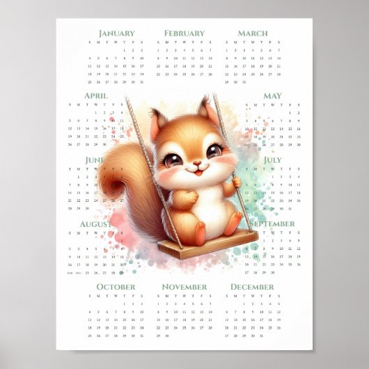 2026 One-Page Calendar Cute Squirrel on Swing Poster (Voorkant)