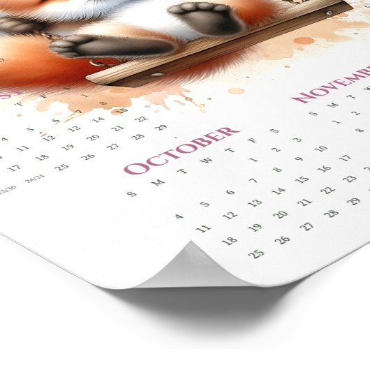 2026 One-Page Calendar Whimsical Fox on Swing Poster (Hoek)