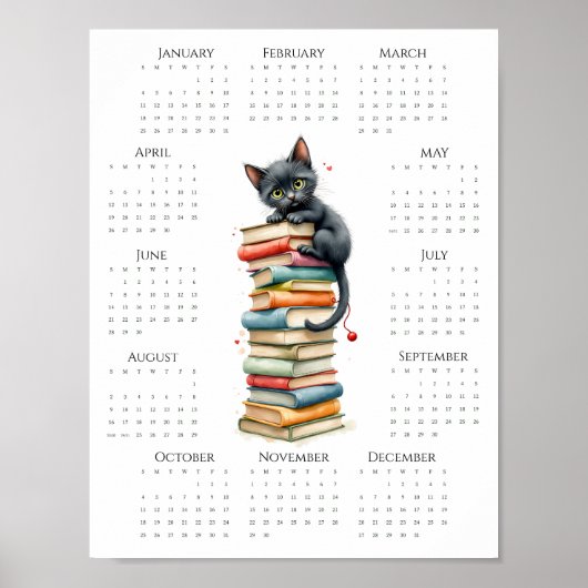 2026 One-Page Calendar with Black Cat and Books Poster (Voorkant)