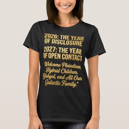 2026 Openbaarmaking 2027 Open Contact Galactische T-shirt (Voorkant)