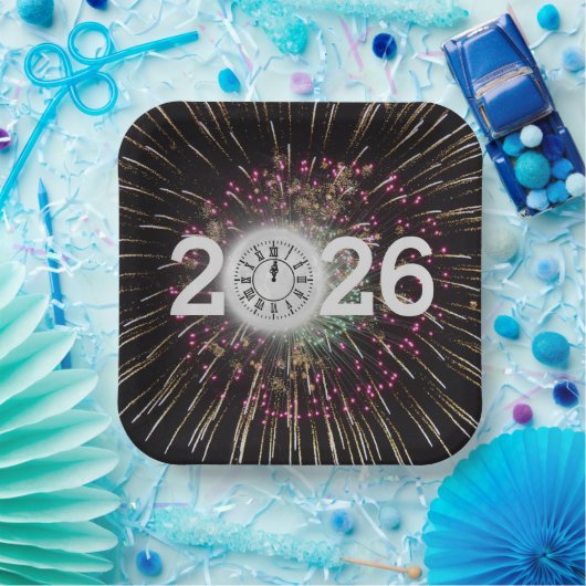 2026 Oud en Nieuw Maan en klok Papieren Bordje (Feest)