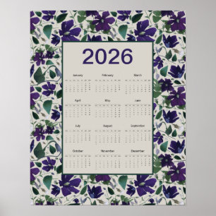 2026 Paarse Clematis Bloemen Muurkalender Poster