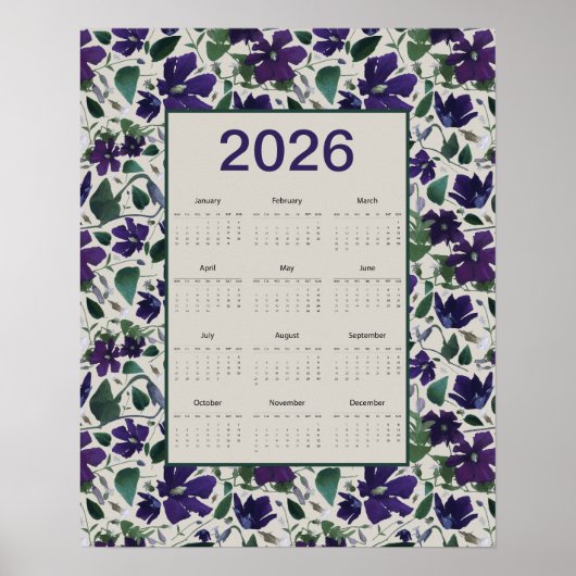 2026 Paarse Clematis Bloemen Muurkalender Poster (Voorkant)