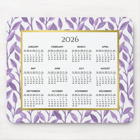 2026 Paarse en gouden bloemenwijnkalender Muismat (Voorkant)