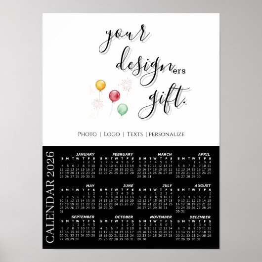 2026 Photo Calendar Template, Large / Black Poster (Voorkant)