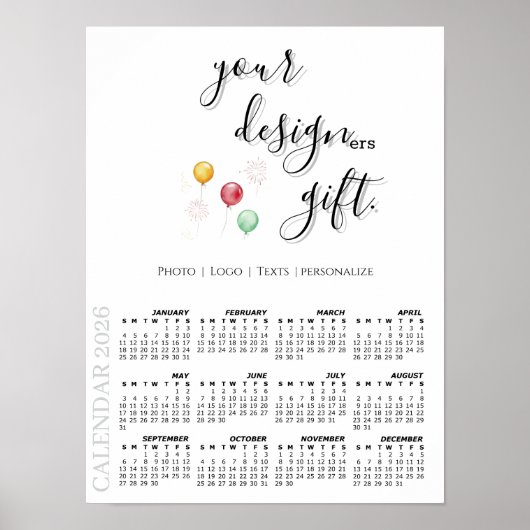 2026 Photo Calendar Template, Large / White Poster (Voorkant)