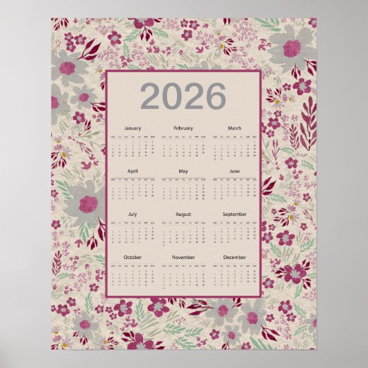 2026 Pink Gray Floral Pattern Calendar Poster (Voorkant)