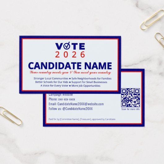 2026 Political Campaign Candidate Election Contact Visitekaartje (Kantoor)