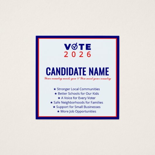 2026 Politieke campagne Kandidaat Verkiezingsconta Vierkante Visitekaartjes (Voorkant)