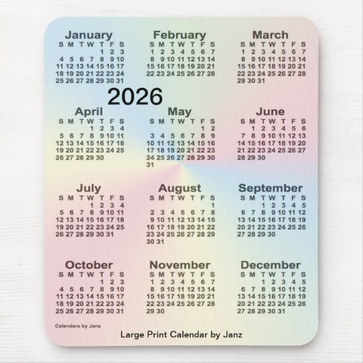 2026 Rainbow Cloud Large Print Calendar van Janz Muismat (Voorkant)