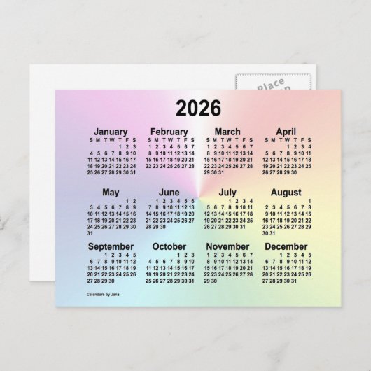 2026 Rainbow Cloud Mini Kalender van Janz Briefkaart (Voorkant / Achterkant)