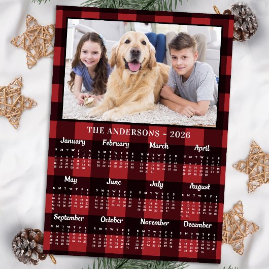 2026 Red Buffalo Plaid Familie Hond Fotokalender Feestdagenkaart