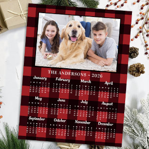 2026 Red Buffalo Plaid Familie Hond Fotokalender Feestdagenkaart