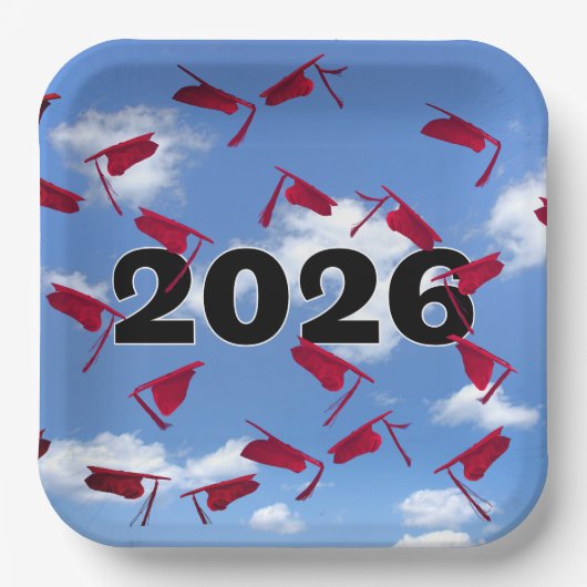 2026 Red Graduation Caps in Sky   Papieren Bordje (Voorkant)