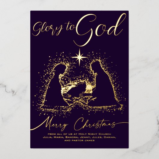 2026 Religieus kerstbeeld Kribbe Eer aan God Schri Folie Feestdagenkaart (Voorkant)