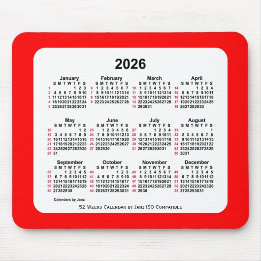 2026 Rood 52 weken ISO Agenda van Janz Two Tone Muismat (Voorkant)